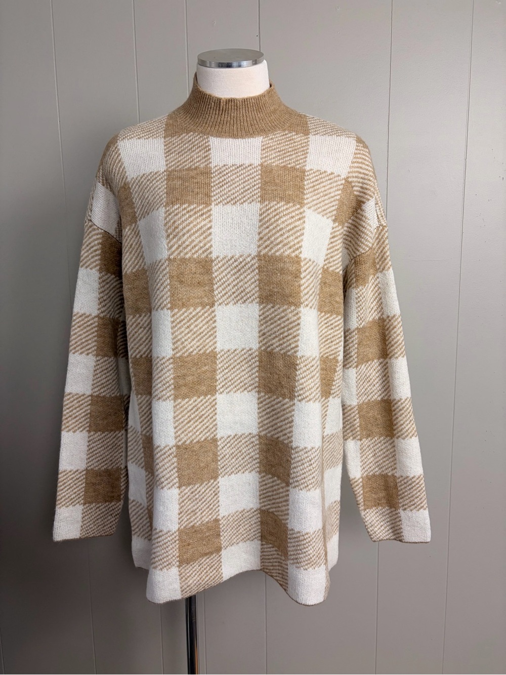 NWT LOFT Plaid Oversized Mock Neck Sweater Wool Blend L
